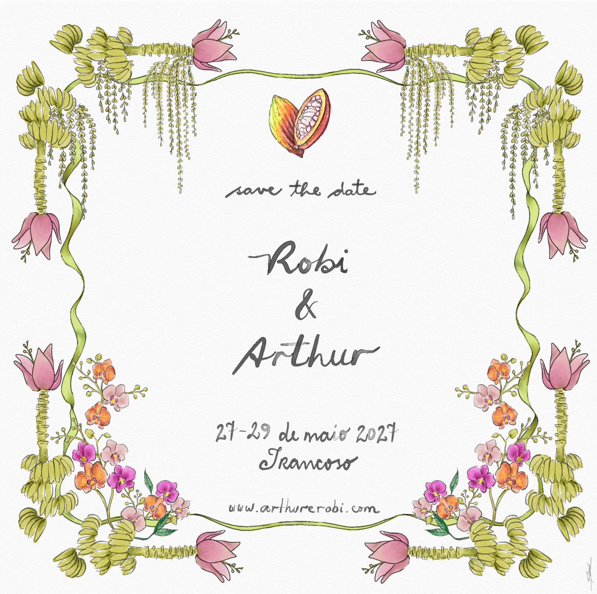 Convite do casamento de Robi & Arthur — 27 a 29 de maio de 2027, Trancoso, BA